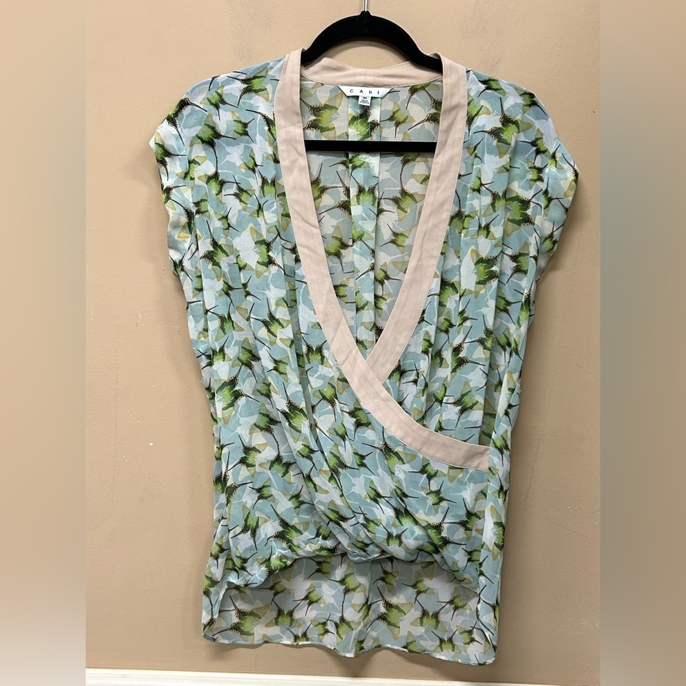 CAbi Blue Floral Wrap Blouse with Cream Trim